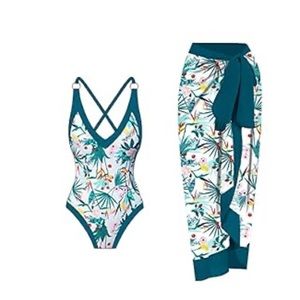 IDOPIP Women's One Piece Swimsuit with Beach Cover up Wrap Skirt Sarong